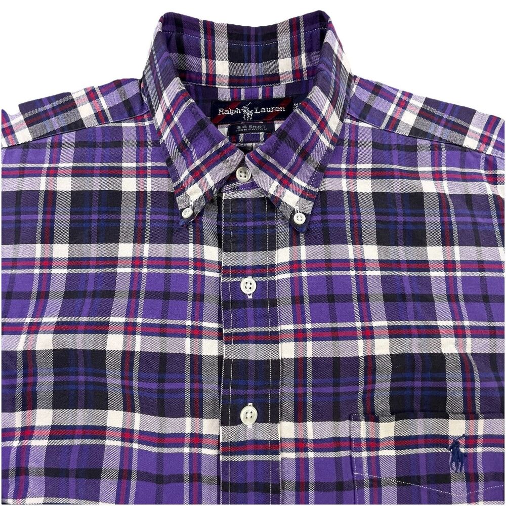 Polo Ralph Lauren Big Shirt Mens Large Purple Plaid Long Sleeve Oxford OCBD